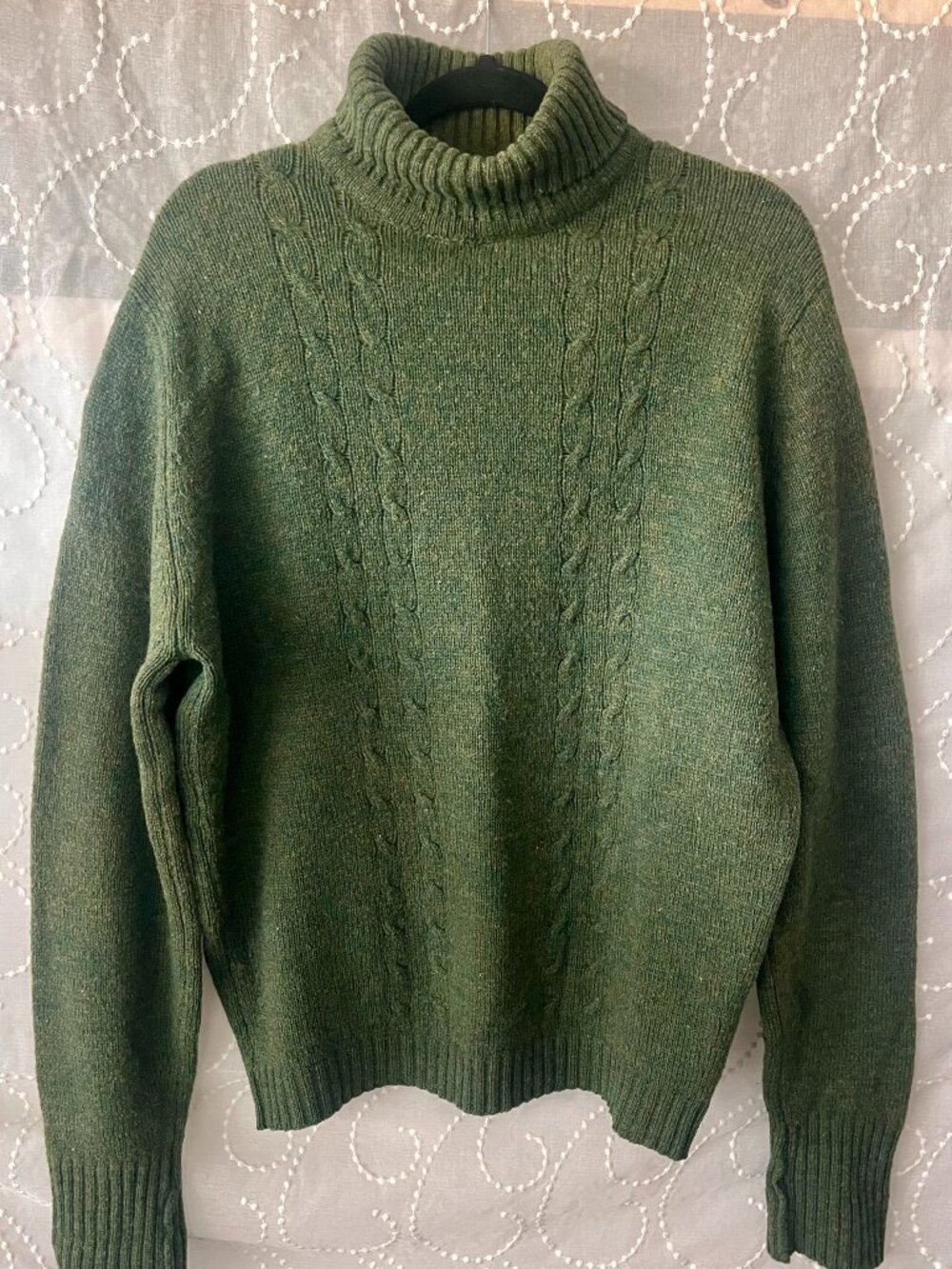 Vintage Parkhurst Pure Shetland Wool Moss Green Cable Knit Turtleneck Sweater XL